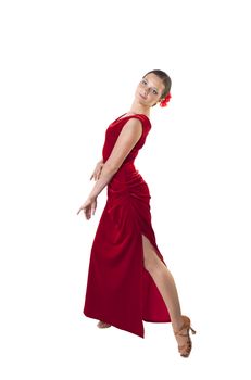 Dancer woman in a red dress isolated over white