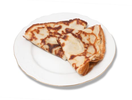 Two folded pancakes on a plate isolated over white