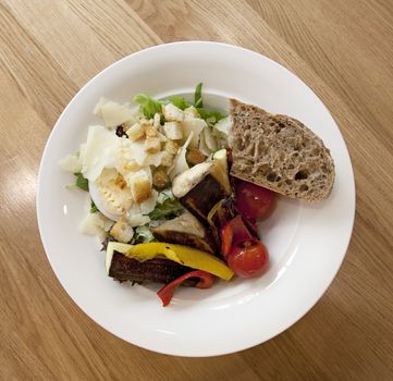 Salad of grilled vegetables with croutons, view fro above