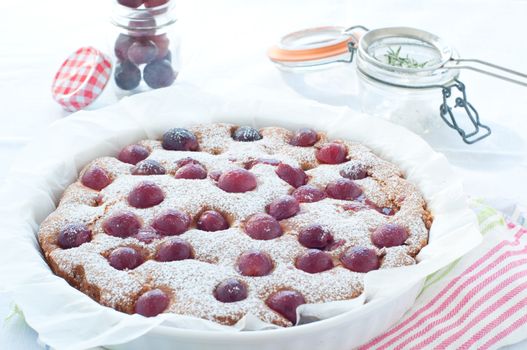 Fresh cake with red grape season and icing sugar