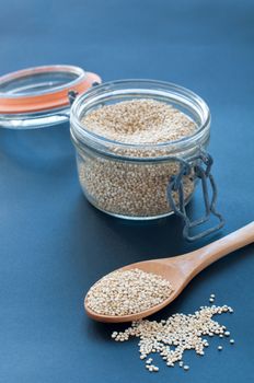 Filling a glass of quinoa grain from the Andes