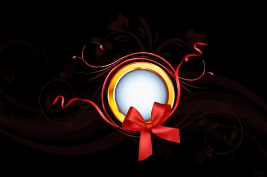 Gloden Ring And Red Ribbon On Black Background