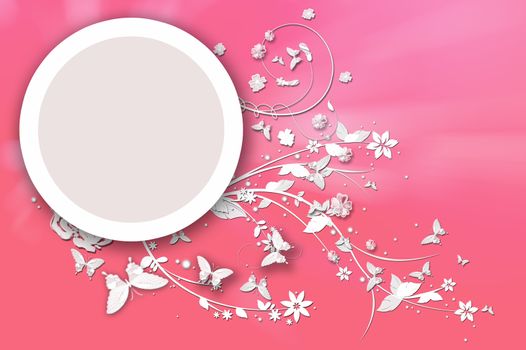 Butterflies and Flowers Around Circle On Pink Background