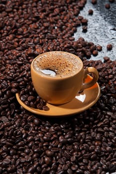 Coffee and beans on a glass studio background