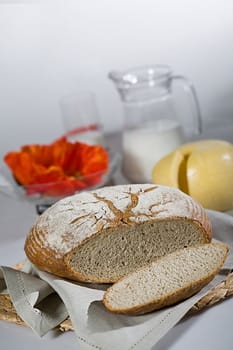 Pieces of bread, glass of milk and poppy