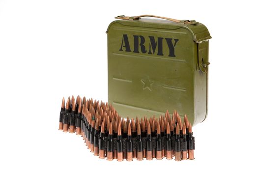 Metal belt with machinegun cartridges on isolated background