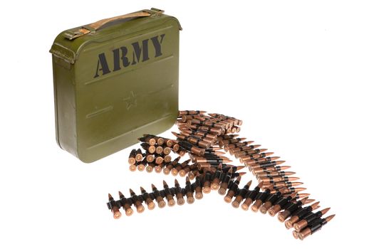 Metal belt with machinegun cartridges on isolated background