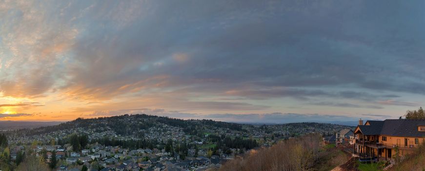 Sunset View Over Happy Valley Oregon Residential Suburbs Panorama