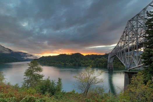 Sunset Over Columbia River Gorge by Bridge of the Gods in Cascade Locks Oregon