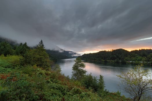 Low Fog Cloud Banks Over Columbia River Gorge At Sunset in Oregon