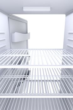 Inside view of an empty white fridge with open door