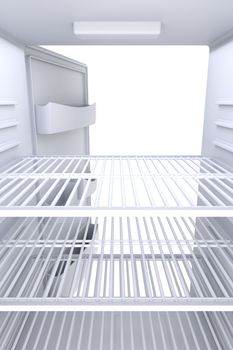 Inside view of an empty white fridge with open door