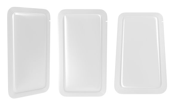 White blank sachet packaging for food, drinks, cosmetics, or medicine.