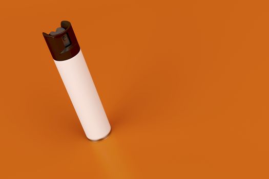 White aerosol spray can on orange background