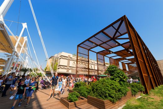 MILAN, ITALY - AUGUST 31, 2015: Angola and Brazil pavilions at Expo Milano 2015, universal exposition on the theme of food, in Milan, Lombardy, Italy, Europe