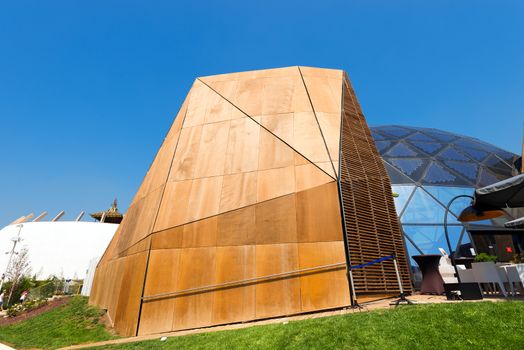 MILAN, ITALY - AUGUST 31, 2015: Belgium and Tibet pavilions at Expo Milano 2015, universal exposition on the theme of food, in Milan, Lombardy, Italy, Europe