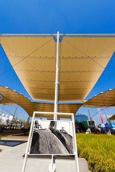 MILAN, ITALY - AUGUST 31, 2015: Pavilions of the rice at Expo Milano 2015, universal exposition on the theme of food, in Milan, Lombardy, Italy, Europe