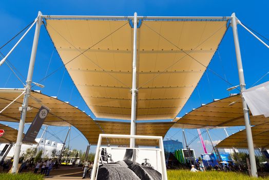 MILAN, ITALY - AUGUST 31, 2015: Pavilions of the rice at Expo Milano 2015, universal exposition on the theme of food, in Milan, Lombardy, Italy, Europe