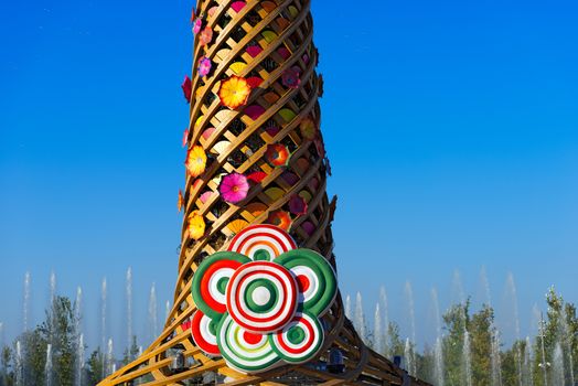 MILAN, ITALY - AUGUST 31, 2015: Detail of The tree of life during water play show at Expo Milano 2015, universal exposition on the theme of food, in Milan, Lombardy, Italy, Europe