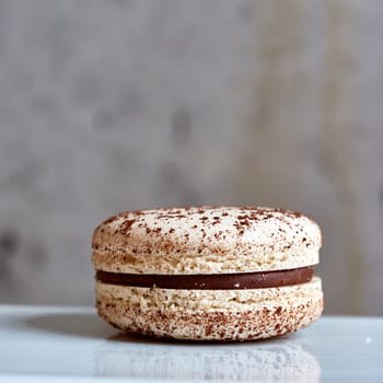 Sweet handmade macaroon on grey background. Shallow dof