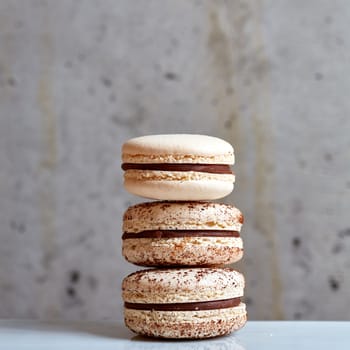 Sweet handmade macaroon on grey background. Shallow dof