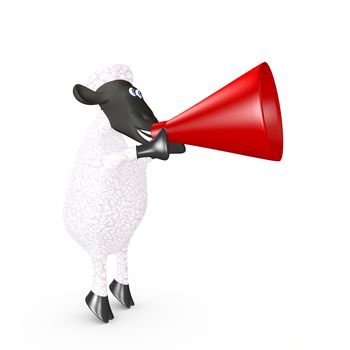 funny sheep speaking loudly into a megaphone. 3d render