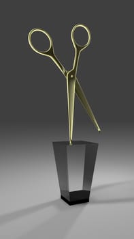 Golden scissors trophy on pedestal. 3d render.