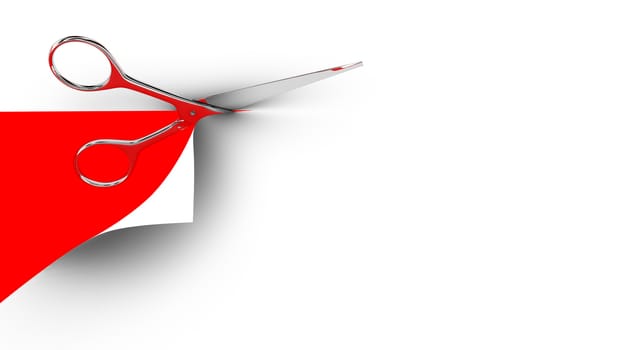 Scissors cutting a paper sheet in two parts. Red background. 3d render.