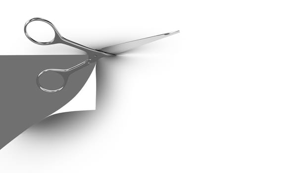 Scissors cutting a paper sheet in two parts. Gray background. 3d render.