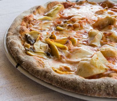 In the picture a  half pizza with tomato, mozzarella, mushrooms, ham and artichokes