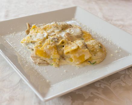 Italian pasta "Tortelloni" with mushrooms (Porcini) ,cream ,parmesan and herbs.