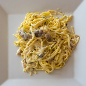 In the picture a plate of pasta (Tagliolini) with cream and mushrooms (Porcini).