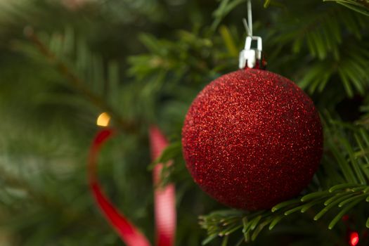Christmas tree ornamate against the background of tree