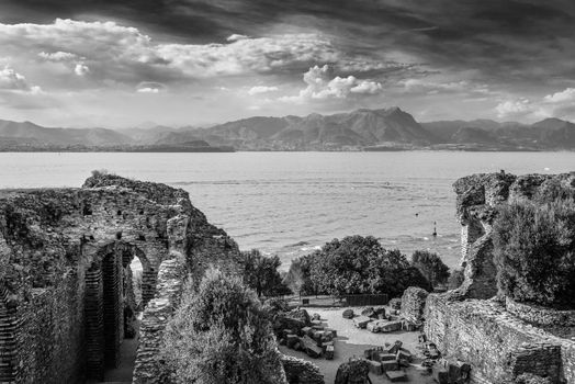 Garda lake view from Caves of Catullus,the Roman villa knows as Villa Catulliana or "Grotte di Catullus",the 1st century BC.