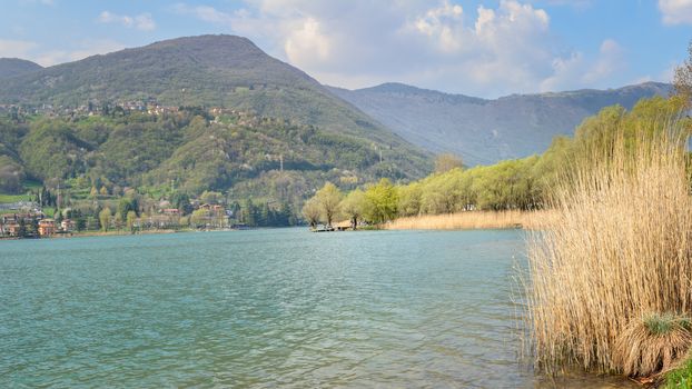 Pictured a panorama of Endine Lake during the  day