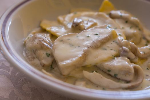 Close-up Italian pasta "Tortelloni" with mushrooms  Porcini,cream and herbs.