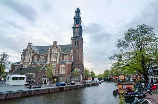 Amsterdam, Netherlands - May 6, 2015: People at Westerkerk (Western Church) a Dutch Protestant church in central Amsterdam in the Netherlands. on May 6, 2015.