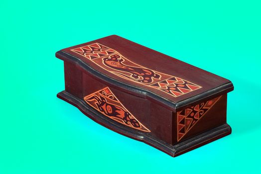 A view of close wodden carved box, vintage style.