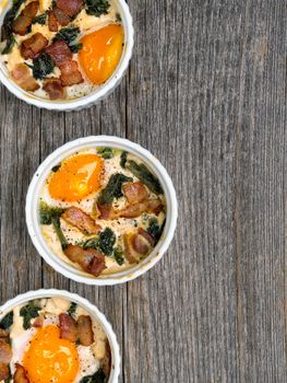 close up of rustic baked potted egg