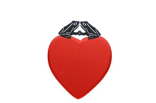 Two black frog illustrations on a red heart kiss.