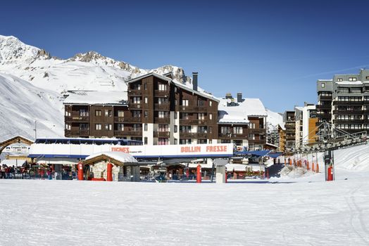 TIGNES, FRANCE - FEBUARY 09, 2015 : Tignes - Le Clavet-the famous ski resort in Tarentaise, french alps, France in winter