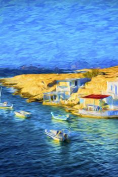 Artistic view of traditional fishing village with fishing boats on Milos island at Greece - painting effect