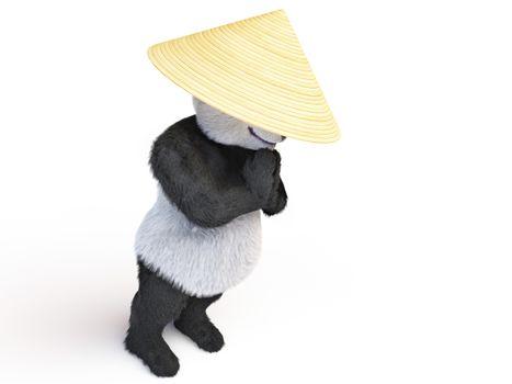 Chinese Shaolin warrior panda stands in prayer pose. Dressed Vietnamese conical hat palm leaves. Asian names headdress is sugegasa, satkat, sakkat, amigasa. top side view isolated white background