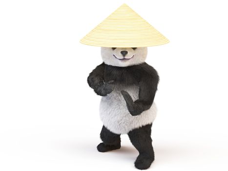 Panda Ninja conical straw hat in a fighting stance was preparing to strike. fighter eastern single combats going to attack. Illustration for the championship of fighting arts or karate school