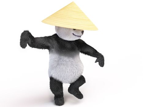 bamboo bear in a military pose preparing to leap and drawing of blows. Panda demonstrates styles of karate Shaolin monks kung fu school. animal ready to attack. combatant dressed in palm leaves hat
