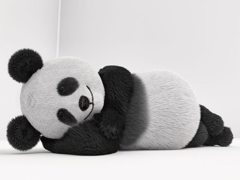 furry panda lying on its side, and sleeps