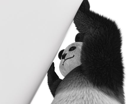 furry panda standing against the wall with a detached view