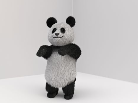 fluffy three-dimensional panda playing sports. bear sat down and stretched the front paws