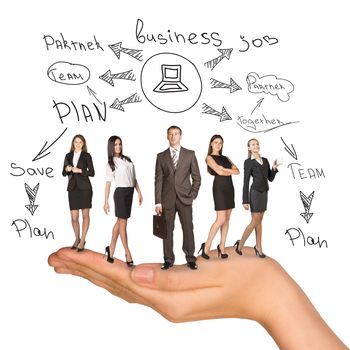 Business people in humans hand with plan on isolated white background