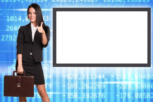 Business lady with suitcase showing ok on abstract background with empty square shape place